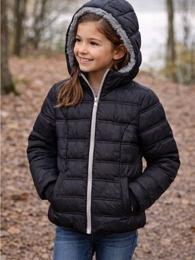 SAGE Girls Puffer Jacket Faux Fur Hood Black Zip Coat Size S 7/8 NWT Winter